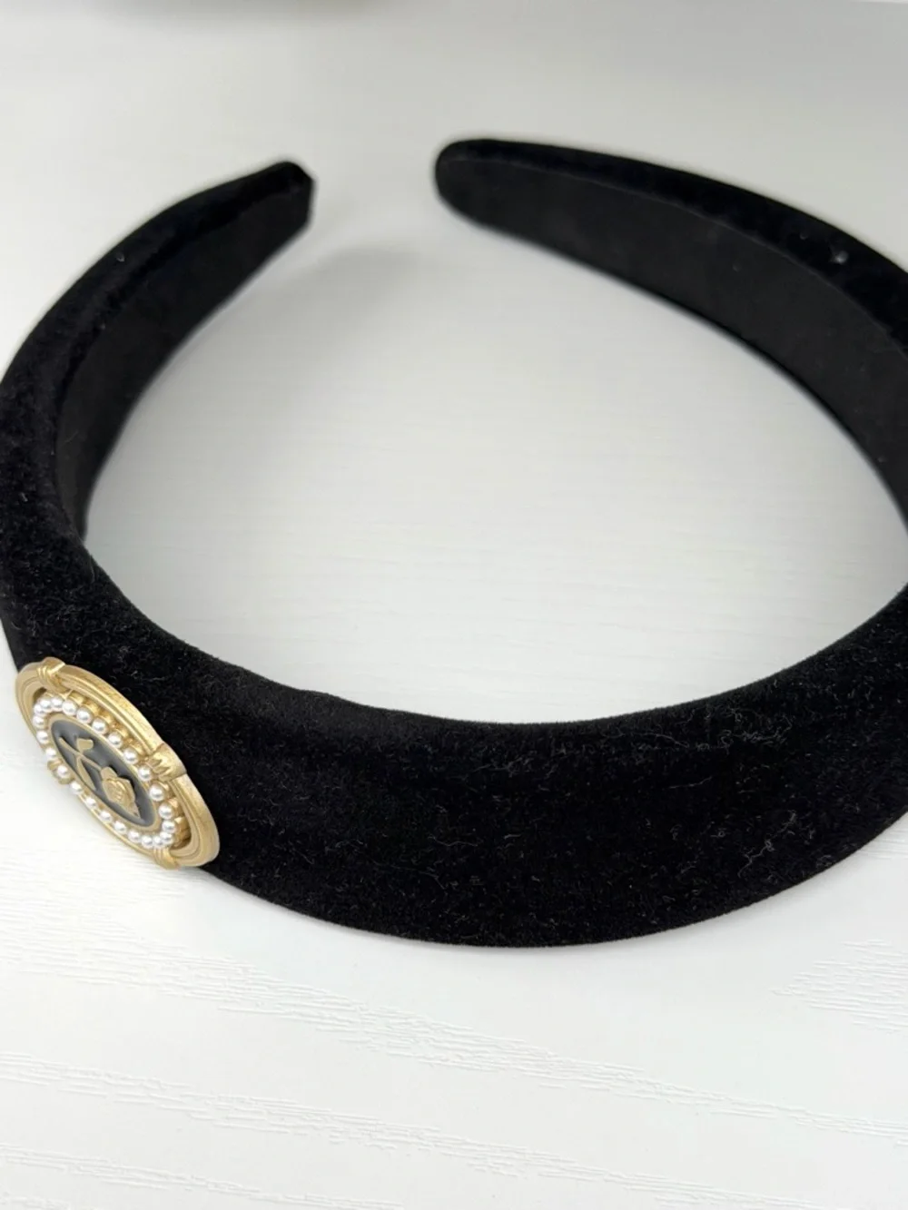 Black Velvet Headband with Gold & Pearl Floral Emblem - Picture 2 of 3
